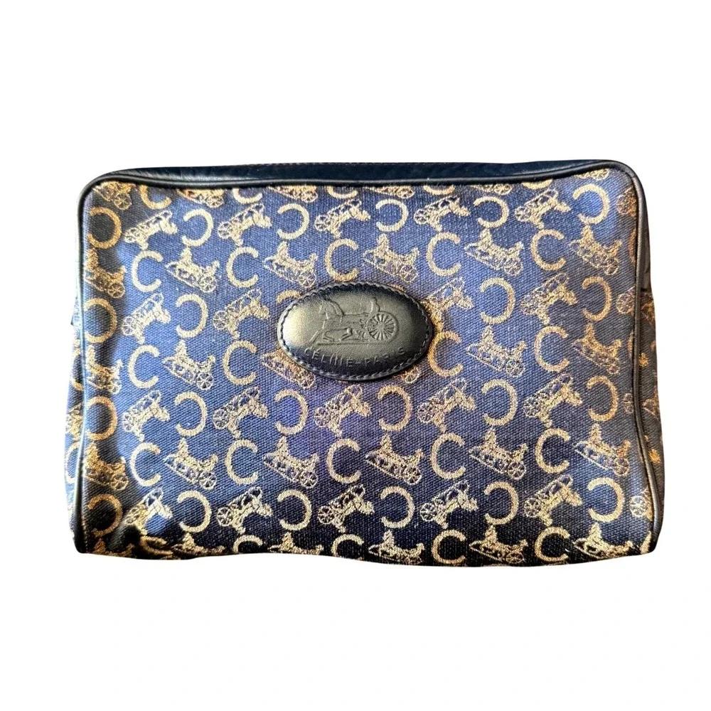 Celine Paris C Sulky Monogram Toiletry Clutch Pouch Navy Blue‎ Jacquard Leather
